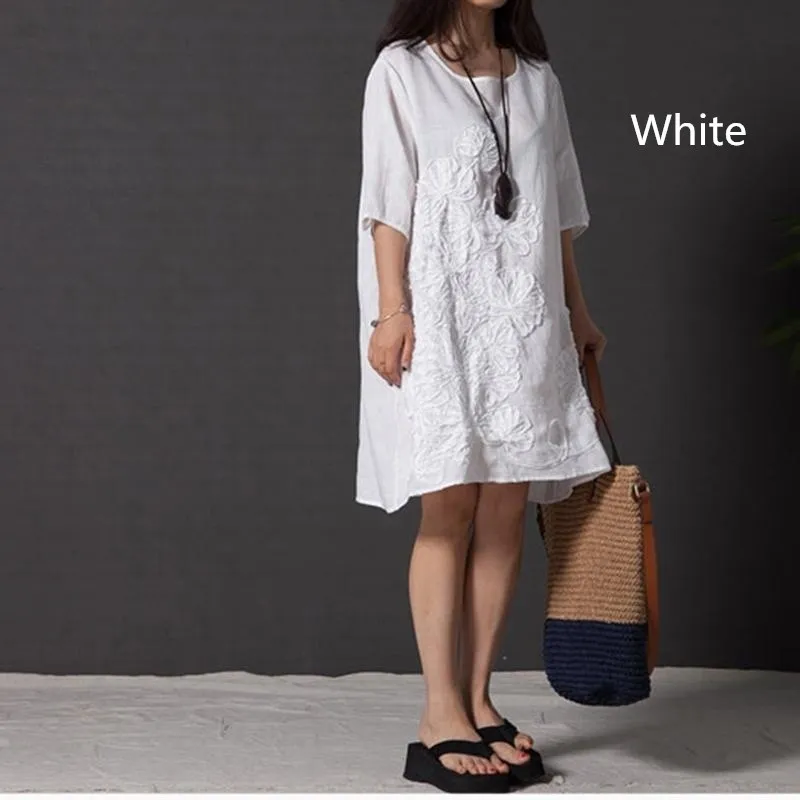 2019 Omen Fashion Summer Style Feminino Vestido T -shirt Loose  Cotton Embroidered Casual Dress Plus Size Ladies White Shirt Linen Dress 