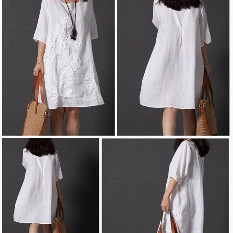 2019 Omen Fashion Summer Style Feminino Vestido T -shirt Loose  Cotton Embroidered Casual Dress Plus Size Ladies White Shirt Linen Dress 