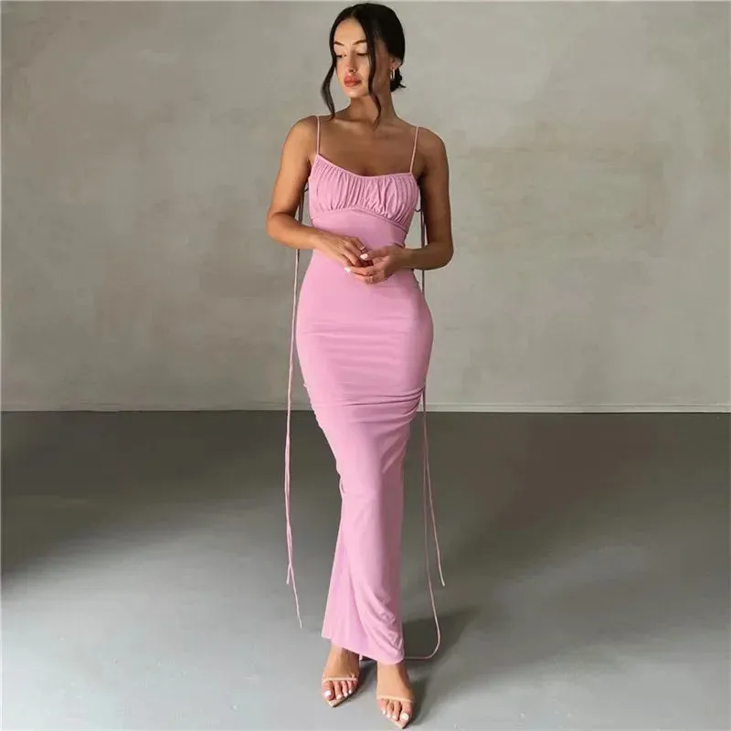 2024 Spaghetti Strap Sexy Backless Elegant Birthday Vestido Solid Club Party Dress