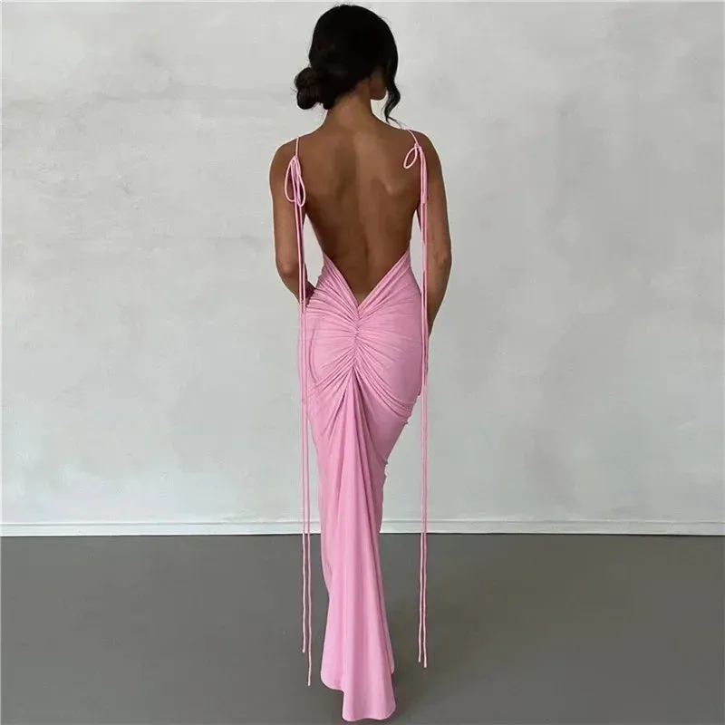 2024 Spaghetti Strap Sexy Backless Elegant Birthday Vestido Solid Club Party Dress