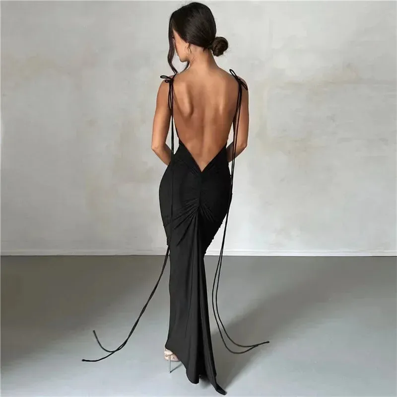 2024 Spaghetti Strap Sexy Backless Elegant Birthday Vestido Solid Club Party Dress