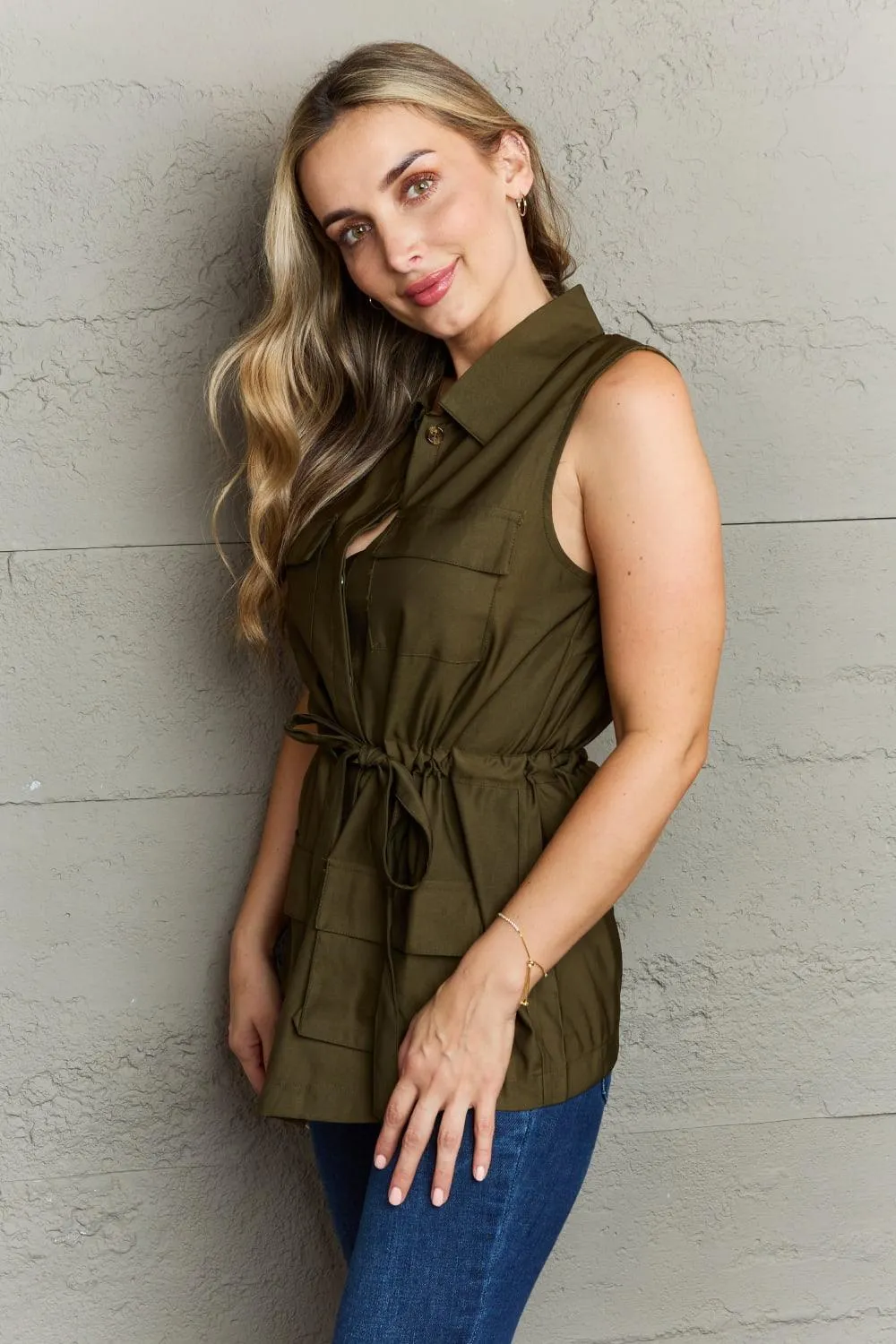 Army Green Sleeveless Collared Top