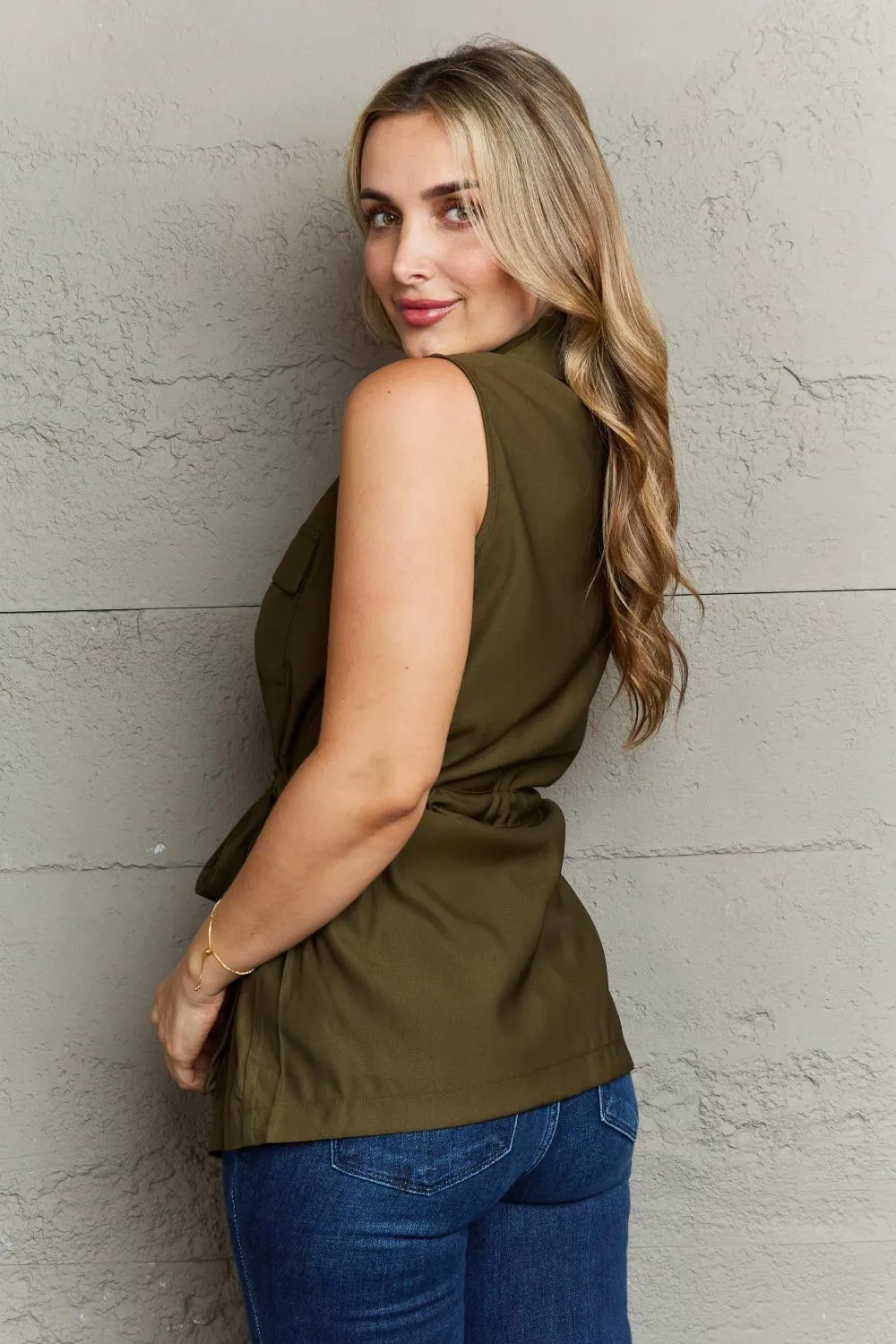 Army Green Sleeveless Collared Top