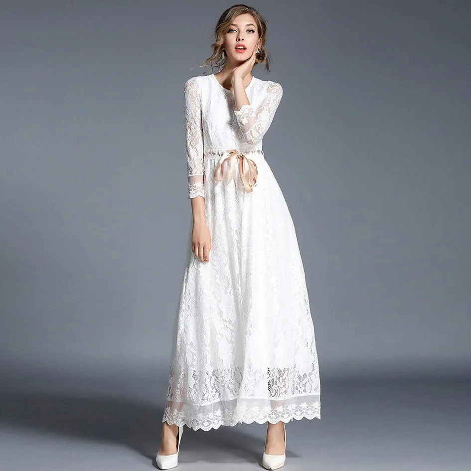 BerryBetty - 2024 Fashion Trends High-end Hollow Out White Lace Dress Women Maxi Dress Robe Femme Ete Autumn Long Party Dresses Vestido Longo