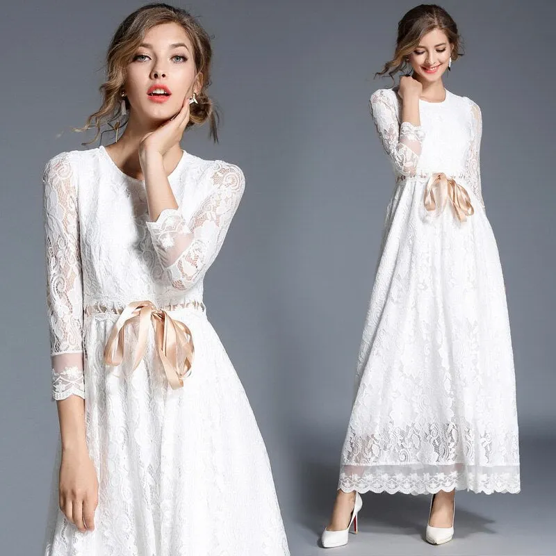 BerryBetty - 2024 Fashion Trends High-end Hollow Out White Lace Dress Women Maxi Dress Robe Femme Ete Autumn Long Party Dresses Vestido Longo