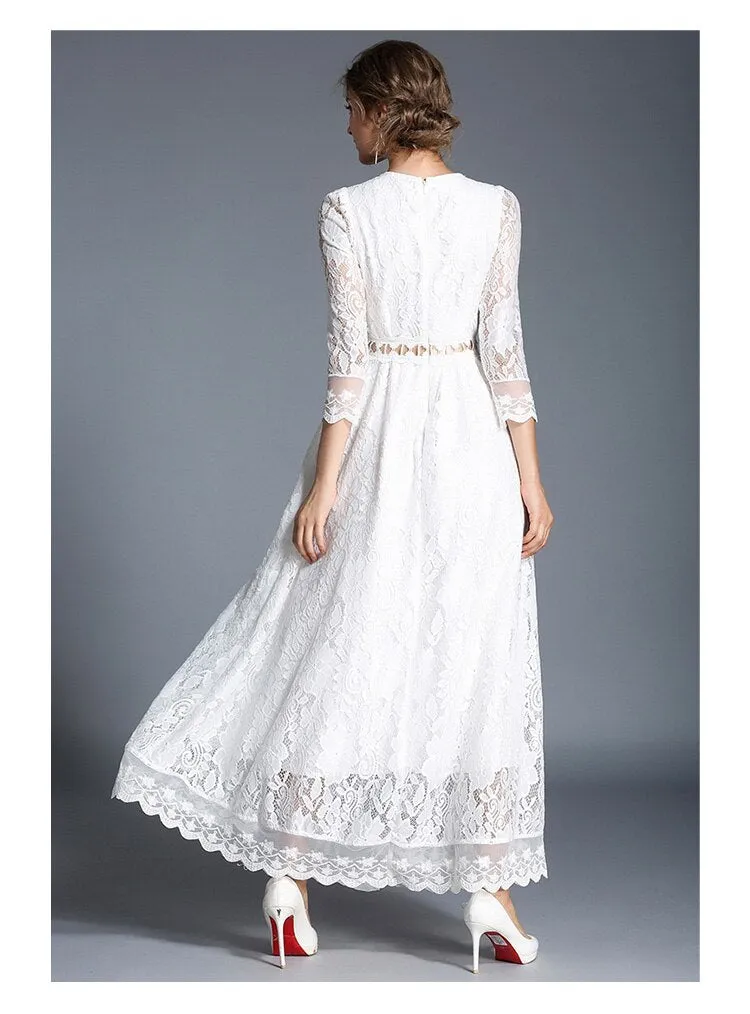 BerryBetty - 2024 Fashion Trends High-end Hollow Out White Lace Dress Women Maxi Dress Robe Femme Ete Autumn Long Party Dresses Vestido Longo