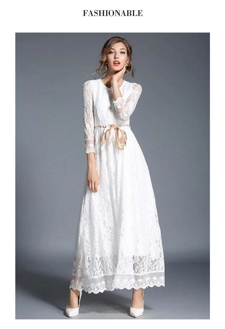 BerryBetty - 2024 Fashion Trends High-end Hollow Out White Lace Dress Women Maxi Dress Robe Femme Ete Autumn Long Party Dresses Vestido Longo