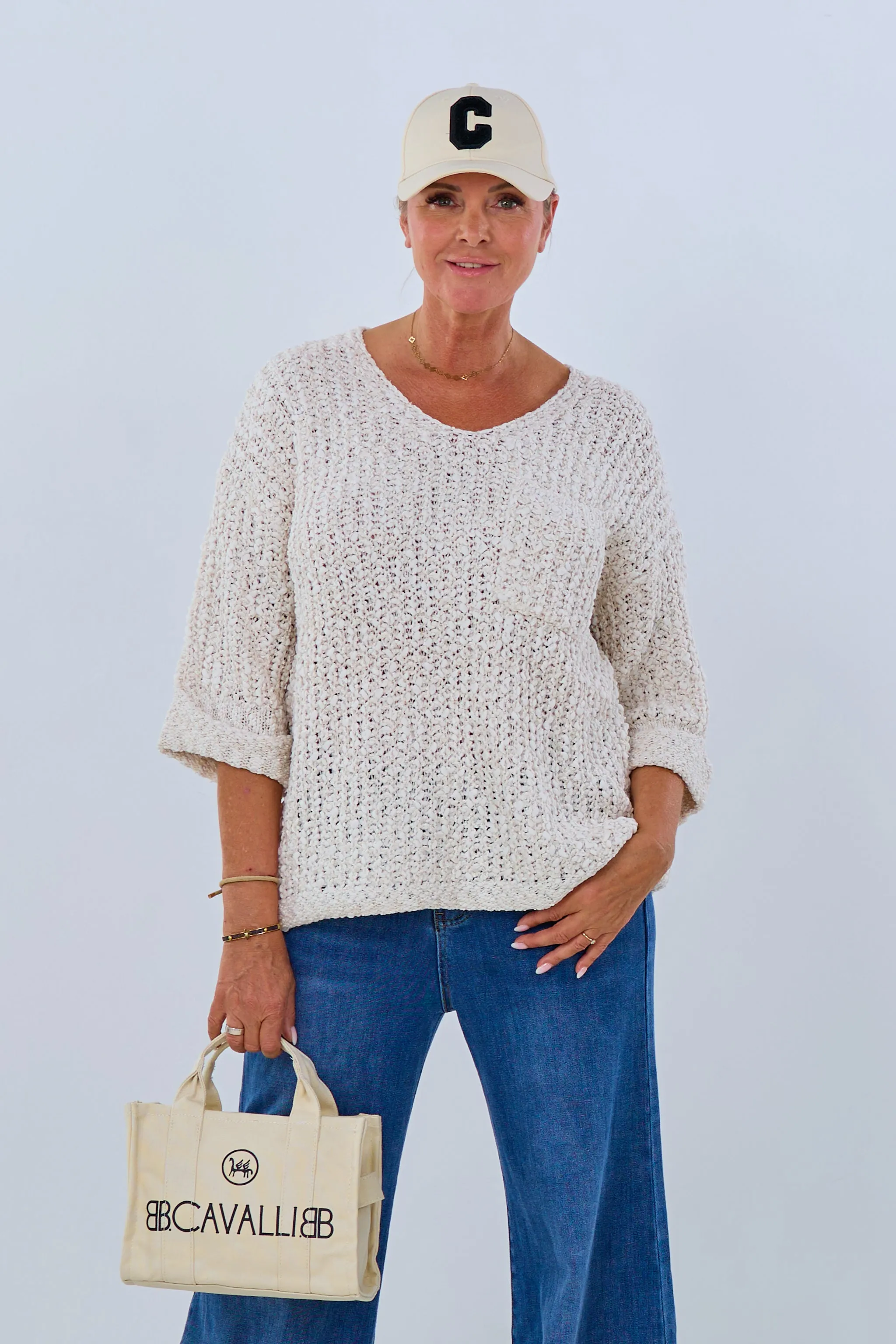 Bouclé Pulli mit 3/4 Ärmeln, creme