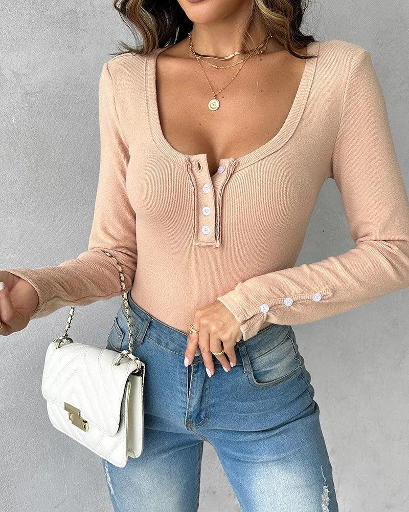 Button Detail Long Sleeve Top