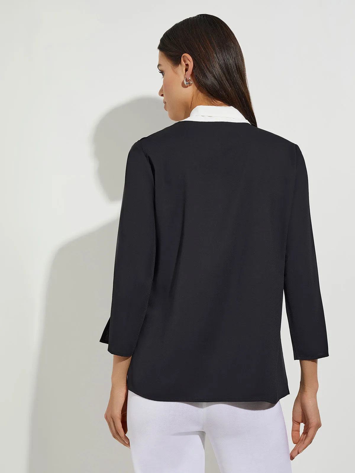 Contrast Tie V-Neck Crepe de Chine Blouse