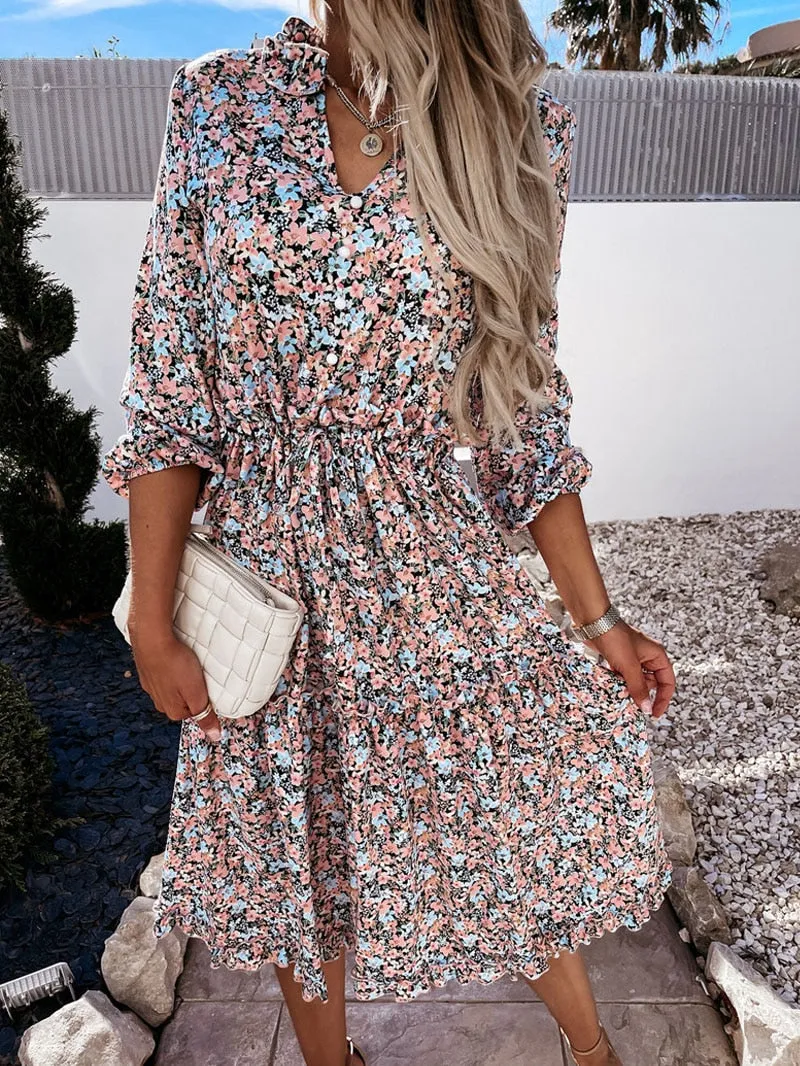 Floral Print Casual Beach V-Neck Classic Elegant Long Sleeve Shirt Dresse