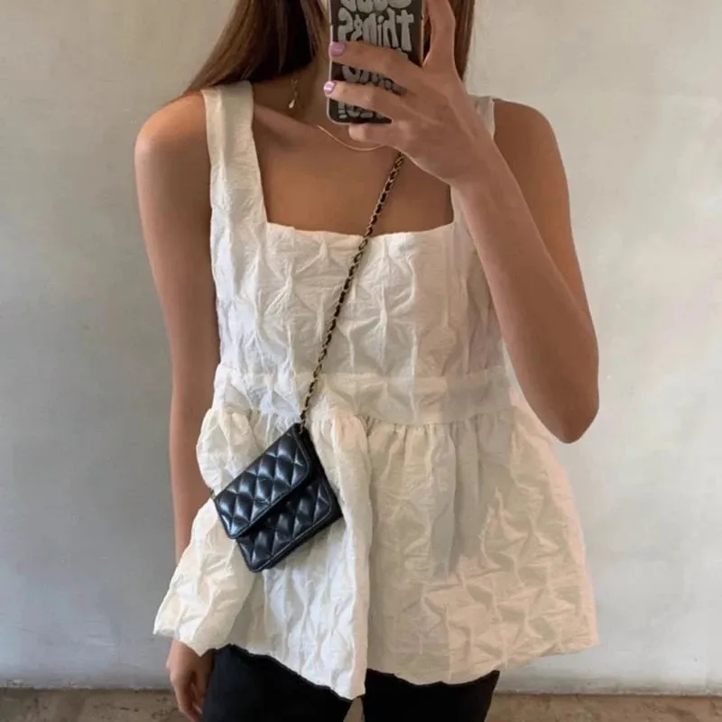 Girlary Folds Sleeveless Suspender Shirt for Women's Summer Sweet Simple Blouse Women Loose Casual Solid Color Blusas Short Top