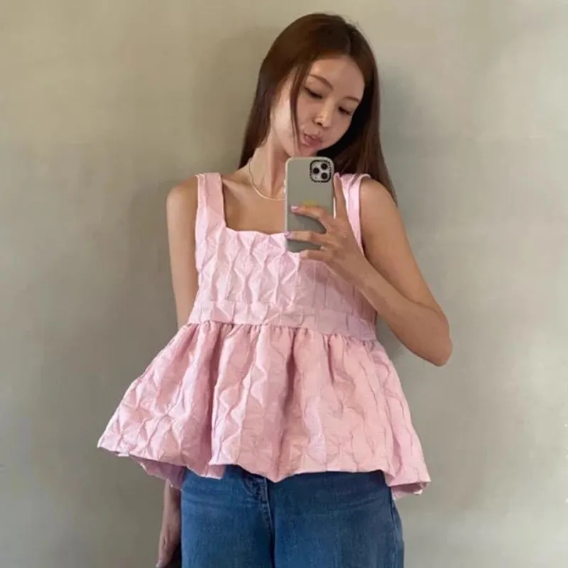 Girlary Folds Sleeveless Suspender Shirt for Women's Summer Sweet Simple Blouse Women Loose Casual Solid Color Blusas Short Top