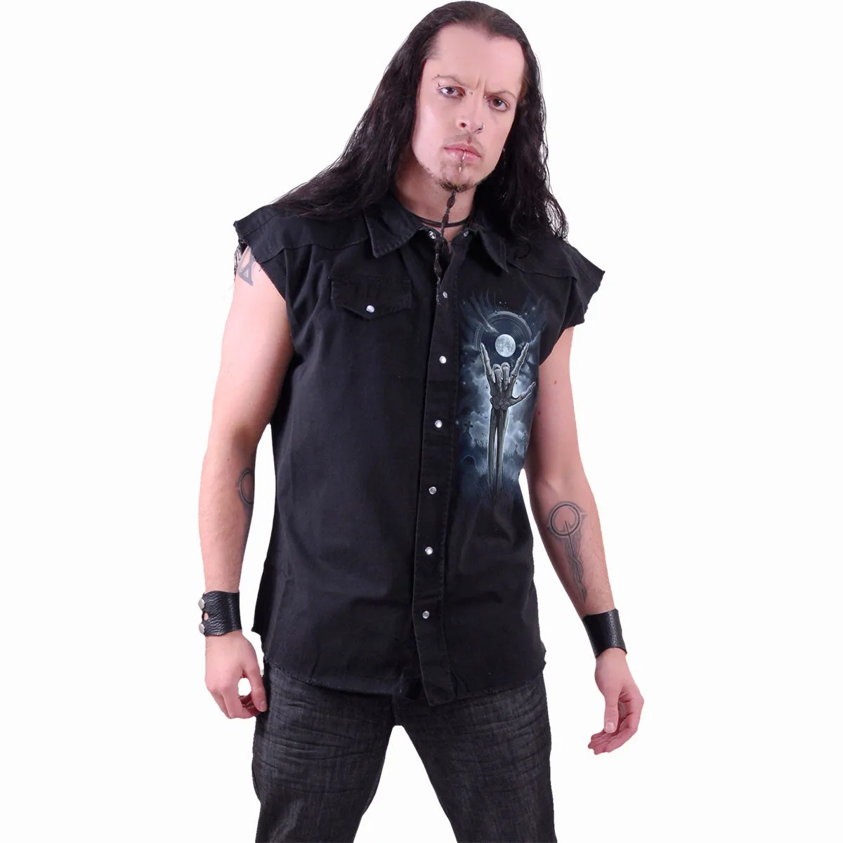 Sleeveless Stone-Washed Worker Black Shirt by GRIM ROCKER