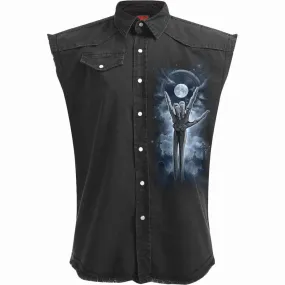 Sleeveless Stone-Washed Worker Black Shirt by GRIM ROCKER