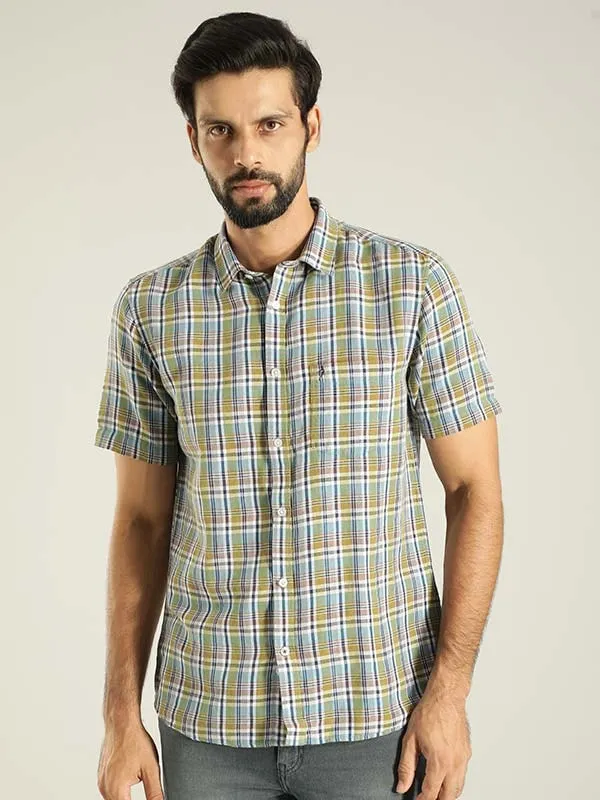 Men Checked Half Sleeve Linen Blend Shirt