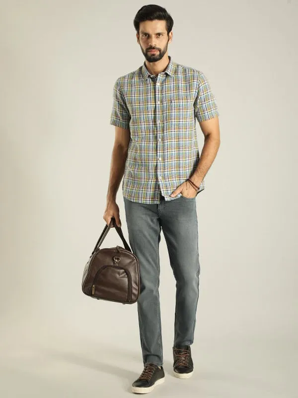 Men Checked Half Sleeve Linen Blend Shirt