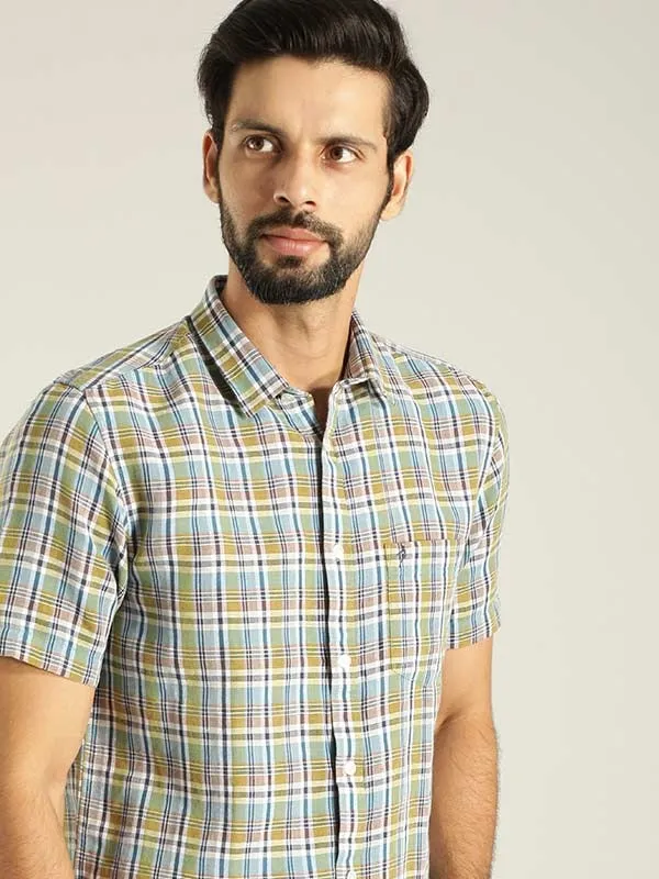 Men Checked Half Sleeve Linen Blend Shirt