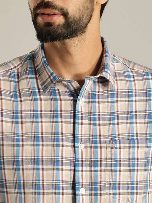 Men Checked Half Sleeve Linen Blend Shirt