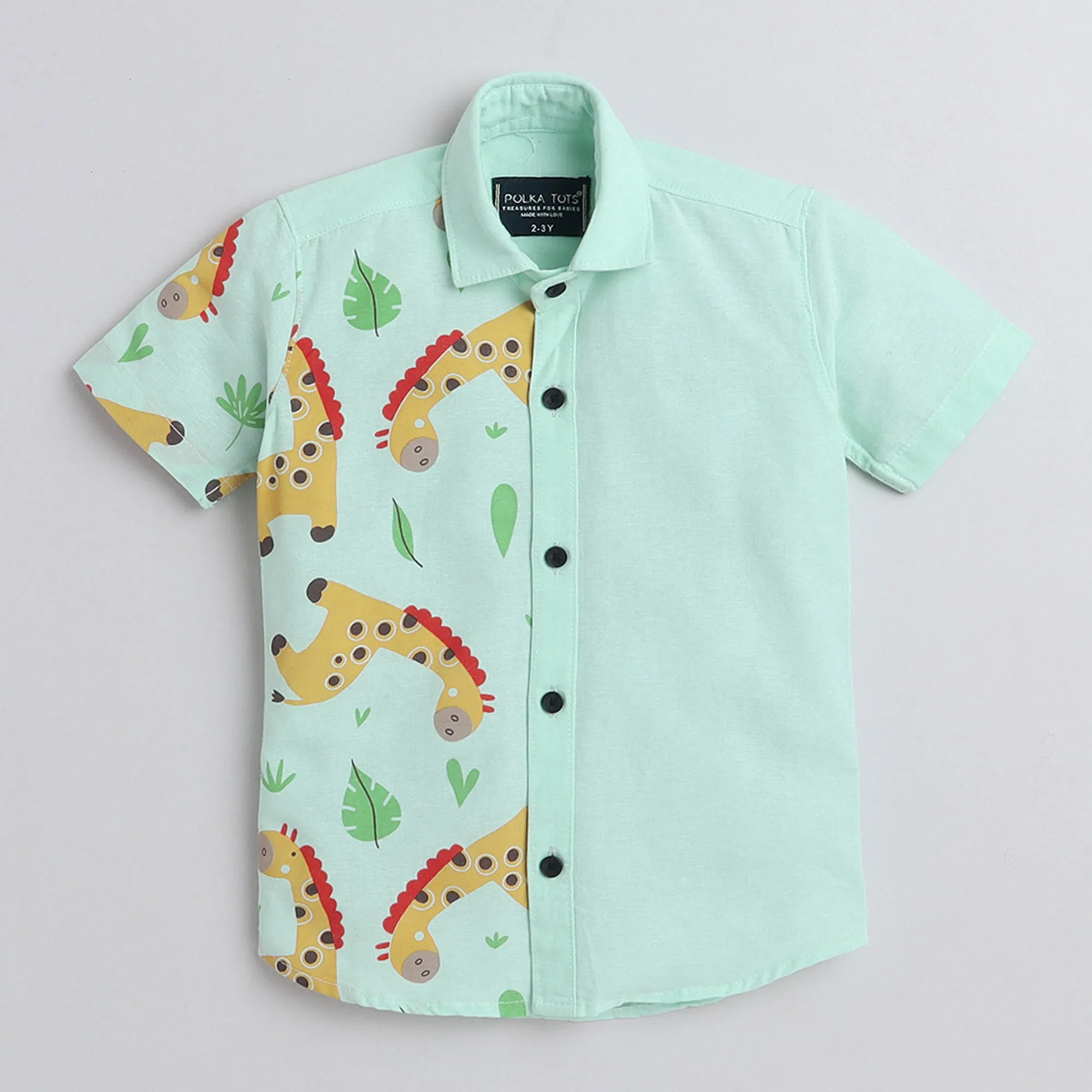 Polka Tots Cotton Regular Fit Half Printed Giraffe Theme Shirt - Sea Green