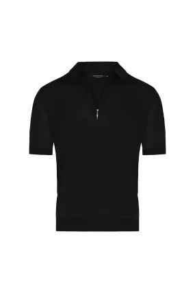 Silk Cotton Blend Knit Zip Polo in Black