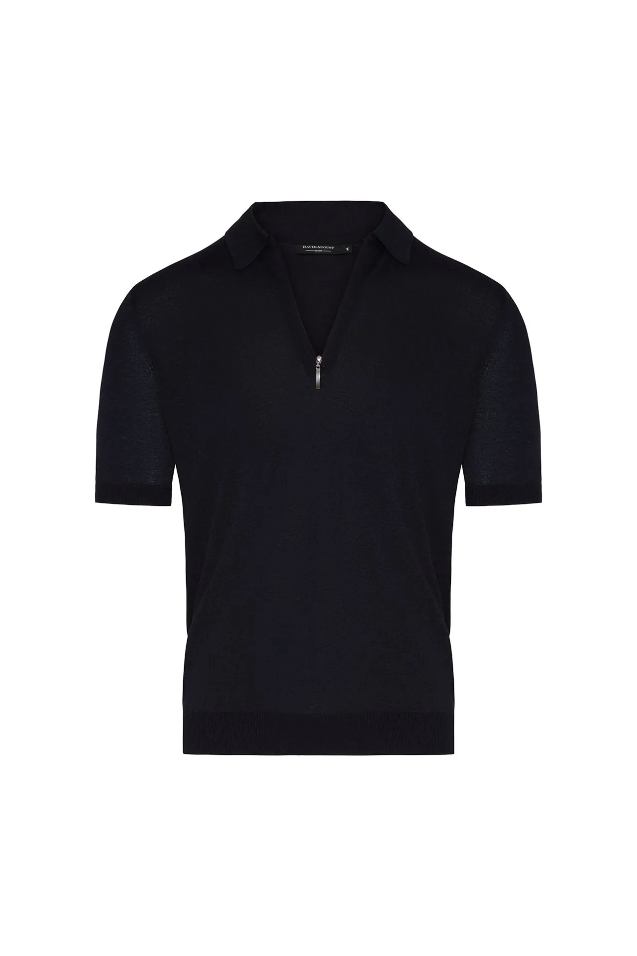 Silk Cotton Blend Knit Zip Polo in Dark Denim