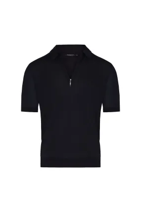 Silk Cotton Blend Knit Zip Polo in Dark Denim