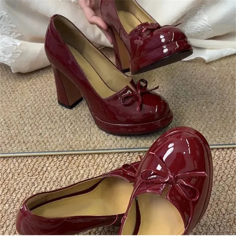 TAVIMART  -  Red Patent Leather Women Single Shoes Bowknot Ladies Pumps Slip-On Tacones Para Mujer Round Toe Sapatos Feminino Spring 2024