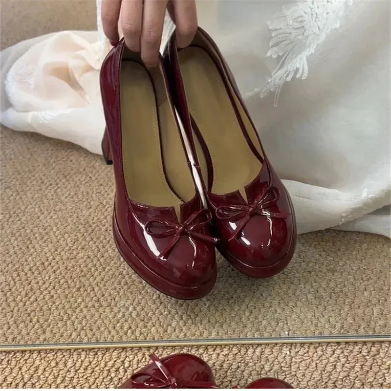 TAVIMART  -  Red Patent Leather Women Single Shoes Bowknot Ladies Pumps Slip-On Tacones Para Mujer Round Toe Sapatos Feminino Spring 2024