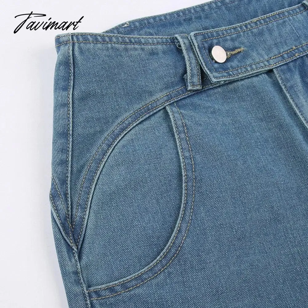 Tavimart Women Light Blue Denim Jeans Casual Straight Loose Long Trousers pantalones mujer verano  Autumn High Waist pantalones