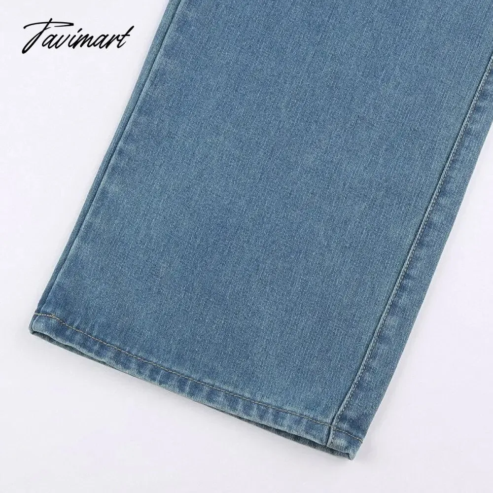 Tavimart Women Light Blue Denim Jeans Casual Straight Loose Long Trousers pantalones mujer verano  Autumn High Waist pantalones