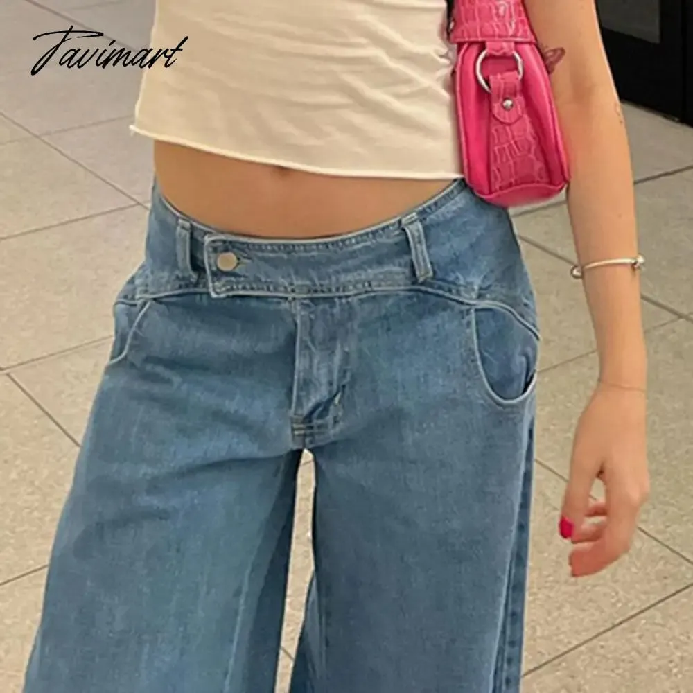 Tavimart Women Light Blue Denim Jeans Casual Straight Loose Long Trousers pantalones mujer verano  Autumn High Waist pantalones