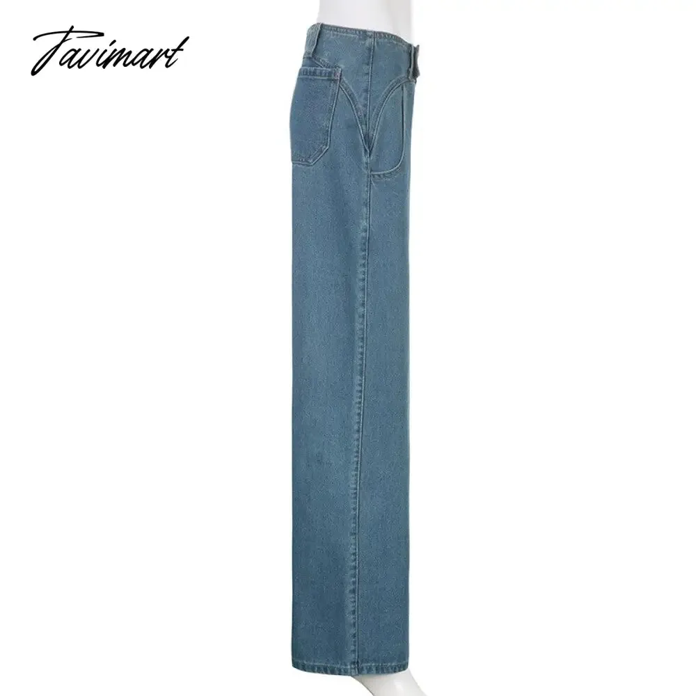 Tavimart Women Light Blue Denim Jeans Casual Straight Loose Long Trousers pantalones mujer verano  Autumn High Waist pantalones