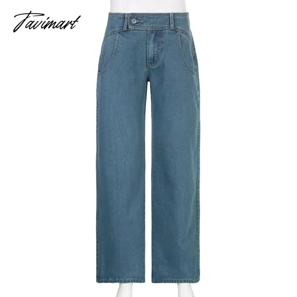 Tavimart Women Light Blue Denim Jeans Casual Straight Loose Long Trousers pantalones mujer verano  Autumn High Waist pantalones