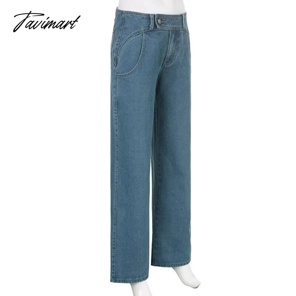 Tavimart Women Light Blue Denim Jeans Casual Straight Loose Long Trousers pantalones mujer verano  Autumn High Waist pantalones