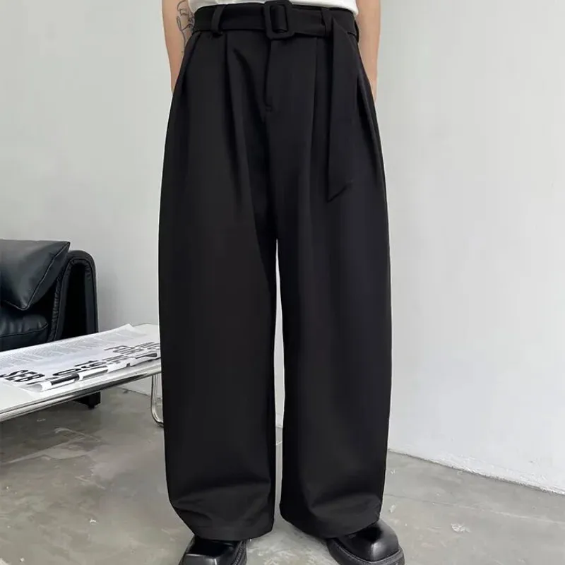 Wiaofellas -  Summer Mens Western Trousers Retro Simplicity Loose Wide Leg Suit Pants Bring A Belt Fashion Solid Casual Straight Pantalones