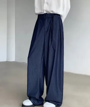 Wiaofellas -  Summer Mens Western Trousers Retro Simplicity Loose Wide Leg Suit Pants Bring A Belt Fashion Solid Casual Straight Pantalones