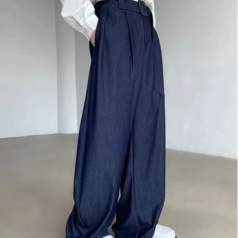 Wiaofellas -  Summer Mens Western Trousers Retro Simplicity Loose Wide Leg Suit Pants Bring A Belt Fashion Solid Casual Straight Pantalones